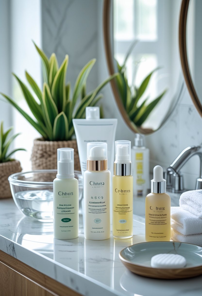 A bathroom vanity with various skincare products arranged neatly, including cleanser, toner, serum, moisturizer, sunscreen, a bowl with cotton pads, a towel, and a mirror.